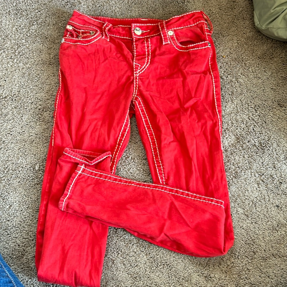 True Religion red skinny jeans with white stitching